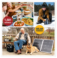 Prepared food, solar Sun Kettle, and the Patriot Power Generator 1800 with included solar panel.